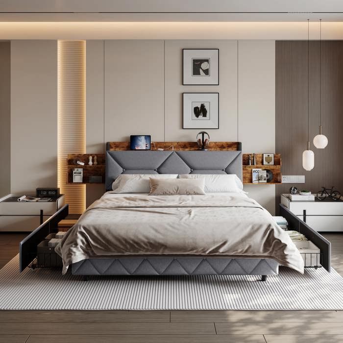 lit double 160x200cm gris tissu velours tête lit inclinée ergonomique rangement tiroir acier bois sommier lattes chambre adulte