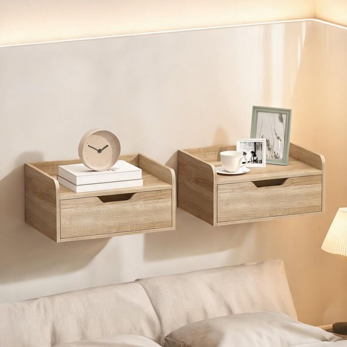 Table de chevet murale en bois naturel lot de 2 avec tiroir design flottant gain de place