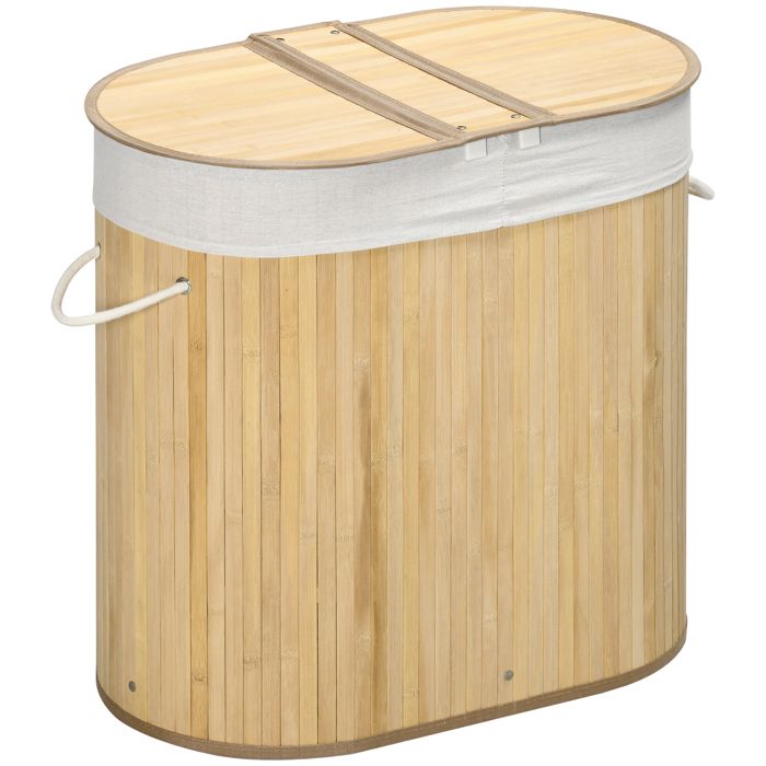 Panier à linge en bambou - 2 compartiments - Avec couvercle - Doublure amovible - Grande capacité 100 L - Bois naturel