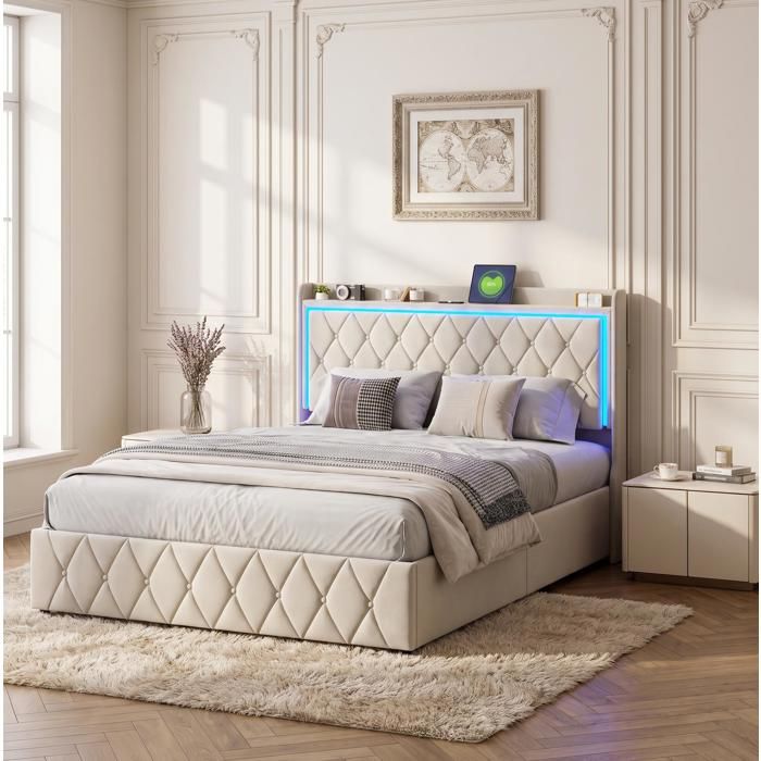 Lit coffre 140×200 Lit 2 places avec rangement hydraulique Tête de lit capitonnée avec éclairage LED et ports USB Velours Beige