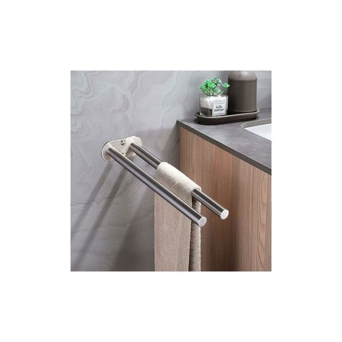 Porte-Serviettes Mural en Acier Inoxydable Double Barre Dessinée en Procédé Argent Multifonctionnel pour Salle de Bain Hôtel -