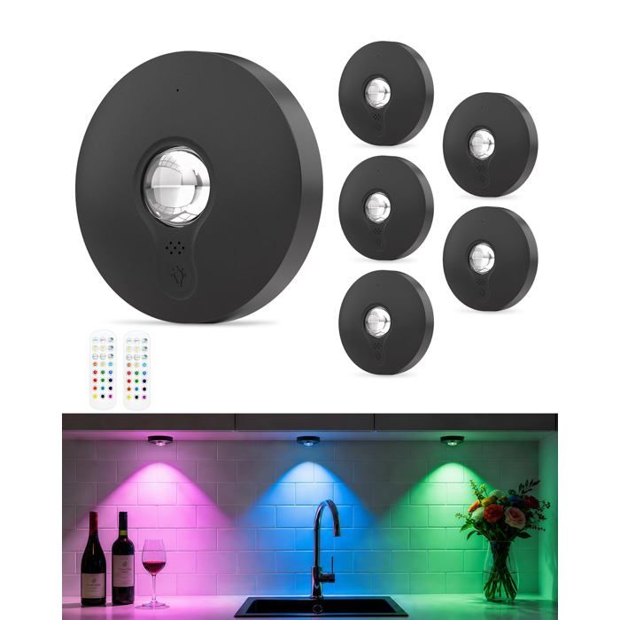 Lot de 6 Spots LED RGB Rechargeables Sans Fil - Fixation Magnétique Télécommande Minuterie 15 Couleurs Batterie 1500 mAh