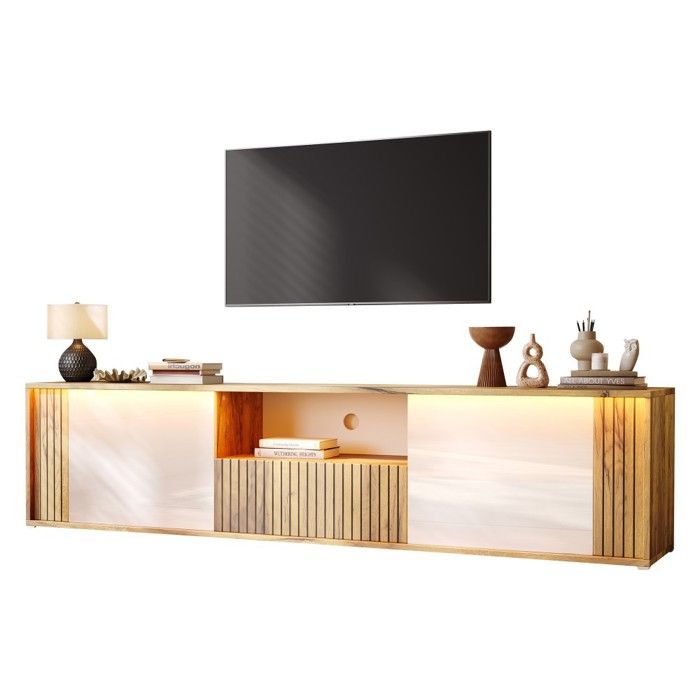 Meuble TV Bas Blanc Et Bois 180x40x51cm 2 Portes Et 1 Tiroir Éclairage LED Compatible TV Jusquà 75 Pouces Salon Et Chambre