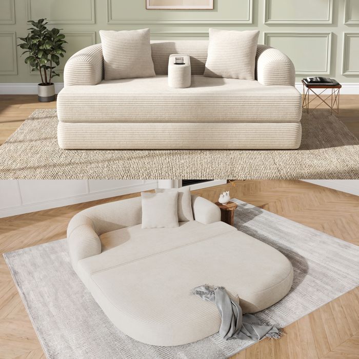 Canapé Convertible 2 Places en Velours Côtelé Canapé Lit avec Porte-Gobelet et Coussins 176x184x47 cm Beige