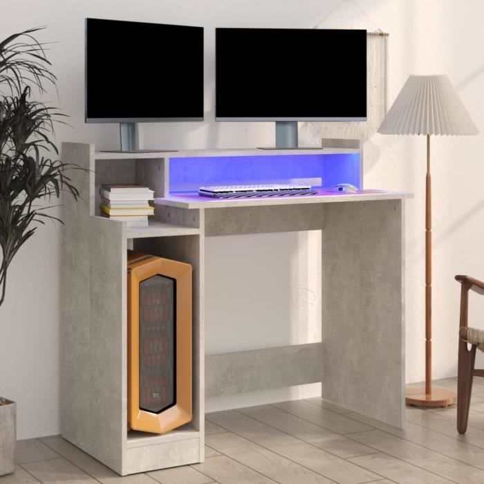 Bureau - ALOMEJOR - Gris béton - 97x45x90 cm - Bois dingénierie - LED intégré