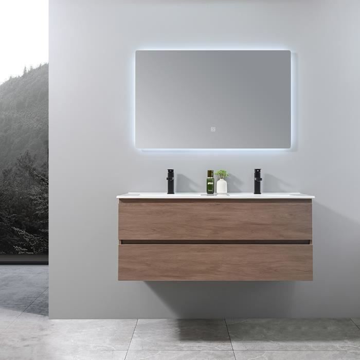 LuxuryBain - Meuble de salle de bain double vasque 120cm bois foncé avec miroir led LB-8331