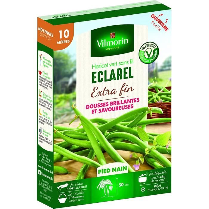 Graines Haricots Verts Extra-fins Éclarel - Variété Naine Sans Fil - Très Productive - Sachet 225 Graines