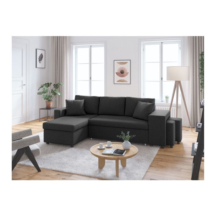Canapé dangle 3 places réversible OSLO avec coffre et poufs droit en tissu - Gris foncé - L241 x P146 x H81cm - LOUNGITUDE Canapé dangle 3 places réversible OSLO avec coffre et poufs droit en tissu - Gris foncé - L241 x P146 x H81cm - LOUNGITUDE