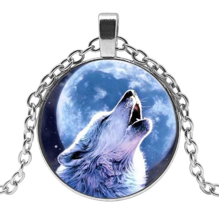 collier pendentif loup hurlant nuit lune, acier argenté.