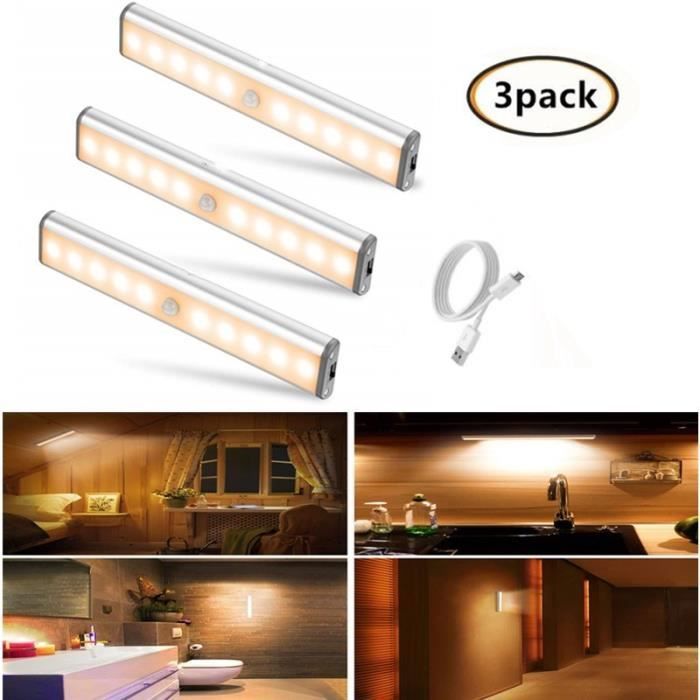 3pcs Lampe Détecteur de Mouvement,10LED Lampe de Placard,USB Rechargeable  Veilleuse LED,Lampe Escalier-Blanc chaud - Cdiscount Maison