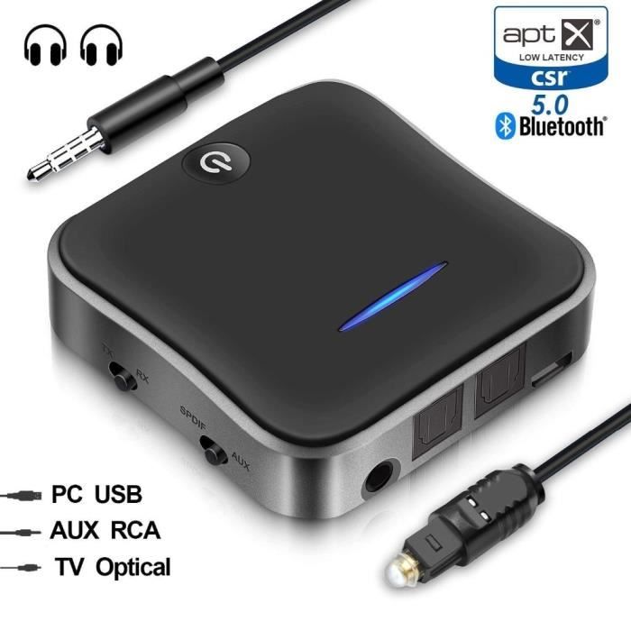 Bluetooth 5.0 Audio Transmetteur Récepteur CSR8675 Aptx HD Adaptateur Optique Toslink - 3.5mm AUX - SPDIF pour Casque TV noir