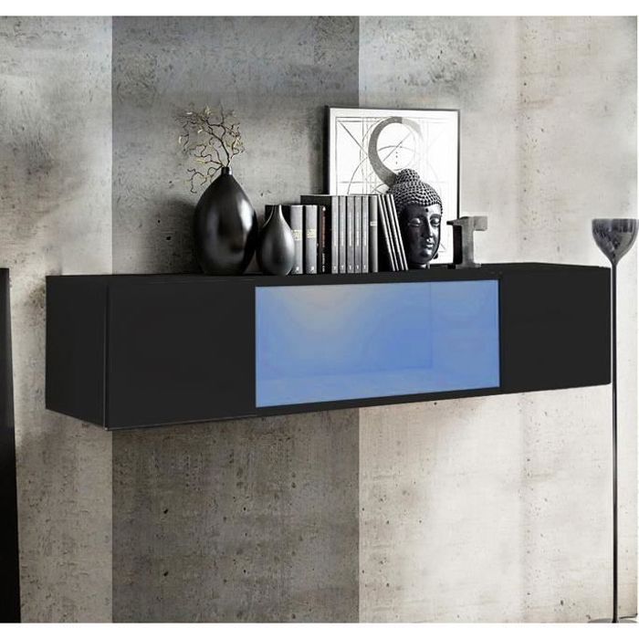 Meuble TV Suspendu avec Éclairage LED et 3 Compartiments de Rangement, Porte Ajourée sans Vitre, Panneau MDF, Blanc et Naturel Meuble TV Suspendu avec Éclairage LED et 3 Compartiments de Rangement, Porte Ajourée sans Vitre, Panneau MDF, Blanc et Naturel