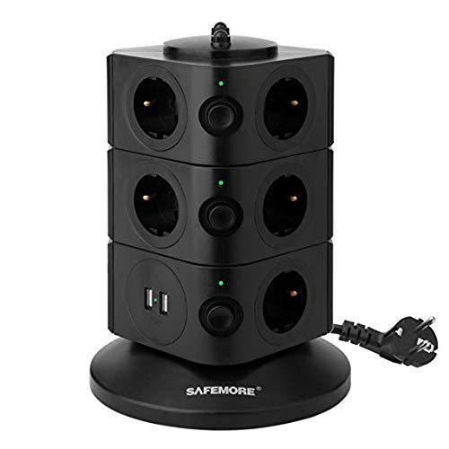 5M Câble] Tour multiprise parafoudre et surtension(4000W/16A), KOOSLA Multi Prises Électriques avec 6 Ports USB et 12 Prises, 3 Interrupteurs, 5M Cordon, Noir