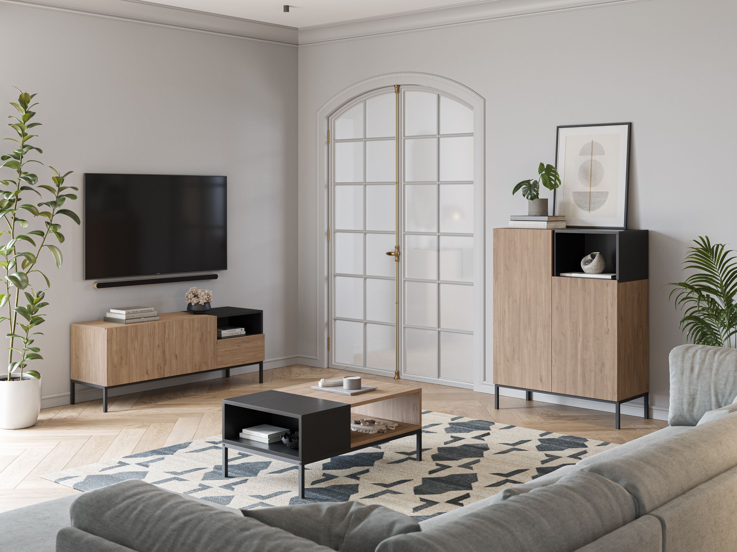Buffet Haut CAILIN – Chêne Artisan & Noir – 2 portes 1 niche – 90 x 40 x 120 cm