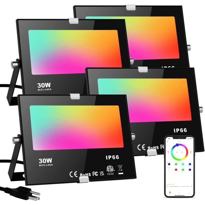 RGB Projecteur LED extérieurs 30W, changement de couleur RGBW équivalent 300W, 16 million couleurs, Minuteur, Regroupement, 4 Pack