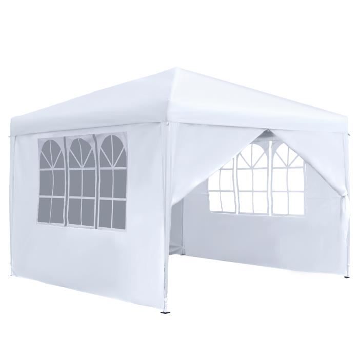 Tonnelle De Jardin 4x4m - En Polyéthylène Imperméable Bleu - Avec Parois Latérales à Fenêtres - Pour Fêtes, Repas En Extérieur - Cadre Acier