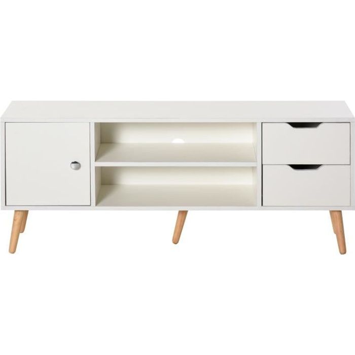 meuble tv - homcom - style scandinave - placard, niches et tiroirs - blanc et bois pin