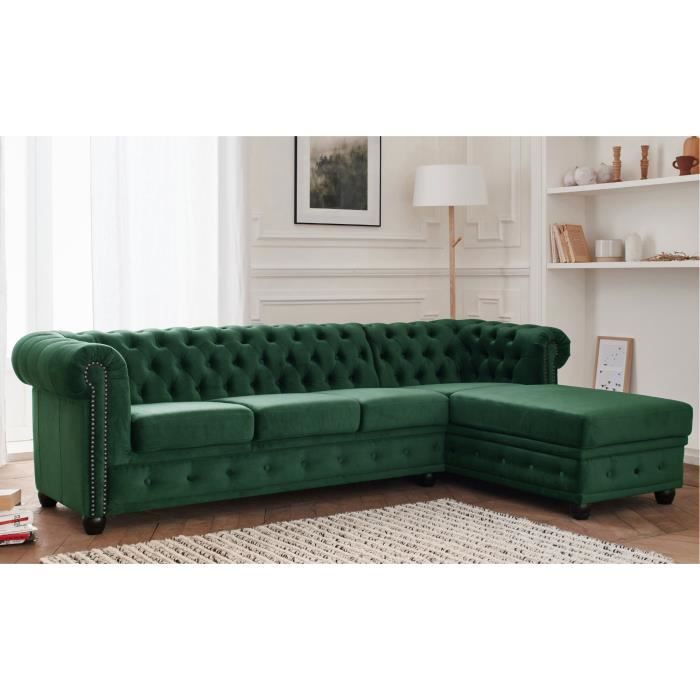 Canapé d'angle 4 places Tissu Chesterfield Vert