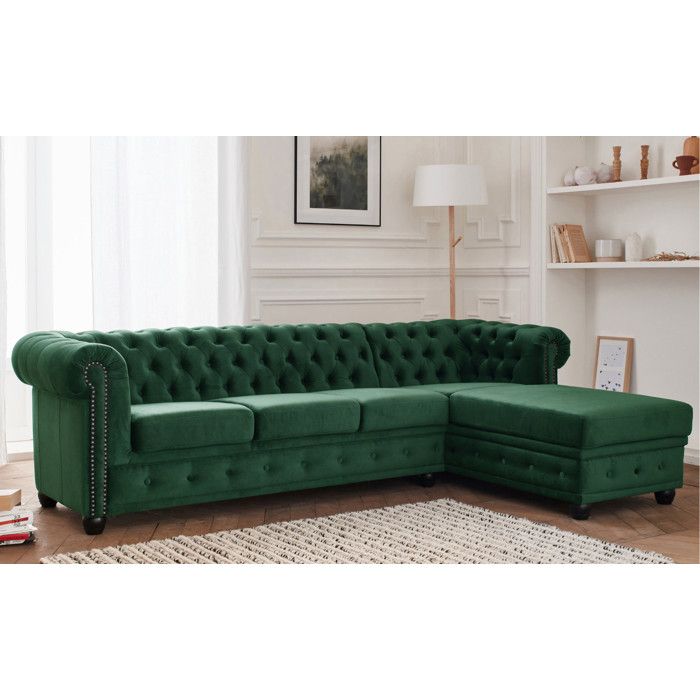 William - canapé Chesterfield dangle droit - 4 places - en velours - Vert