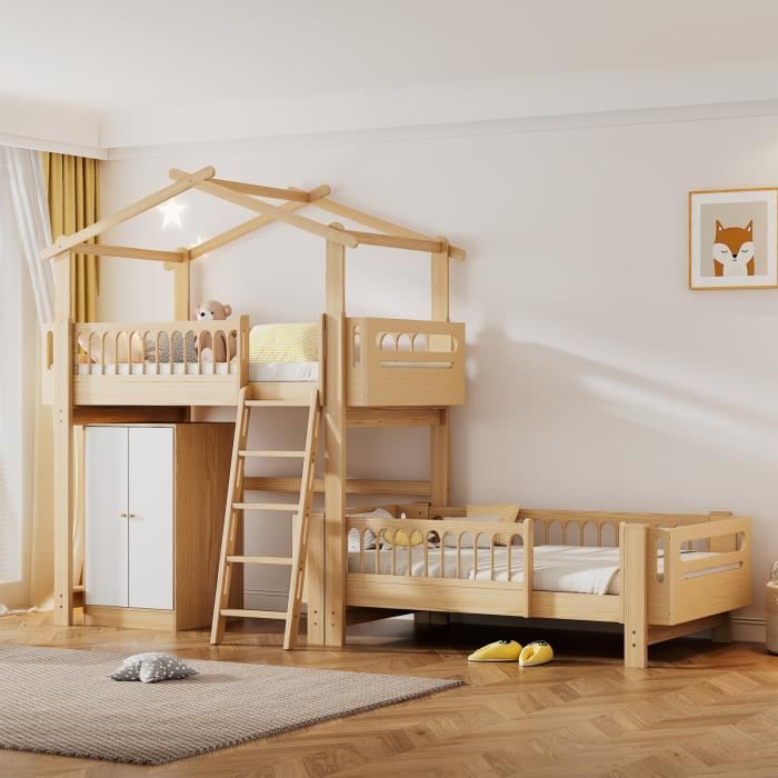 misnode lit superposé avec armoire, lit familial, avec échelle inclinée à quatre étages, antichute de tous les côtés, 90x200cm