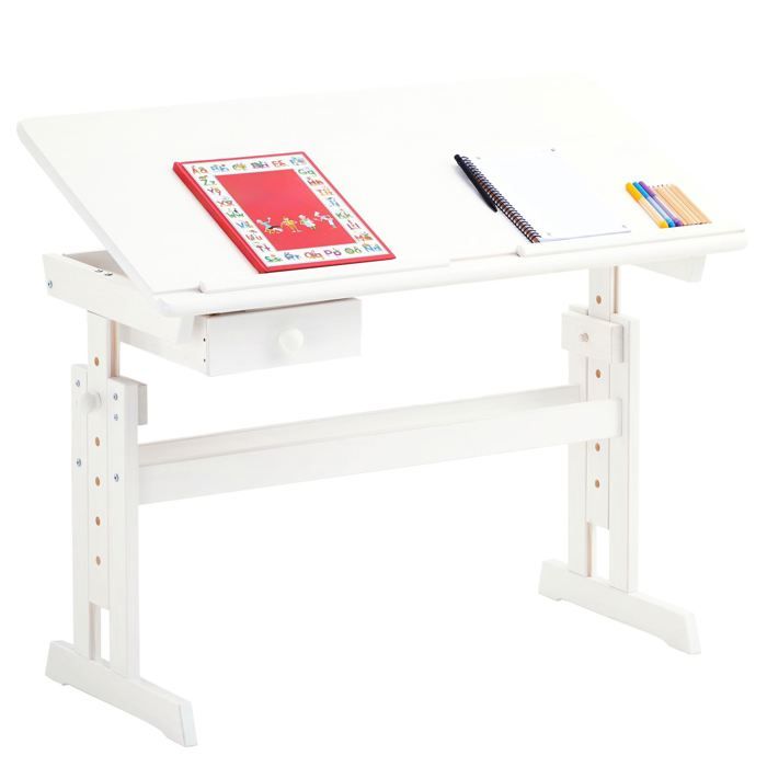 Bureau enfant écolier junior FLEXI table à dessin réglable en hauteur et pupitre inclinable avec 1 tiroir en pin massif lasuré