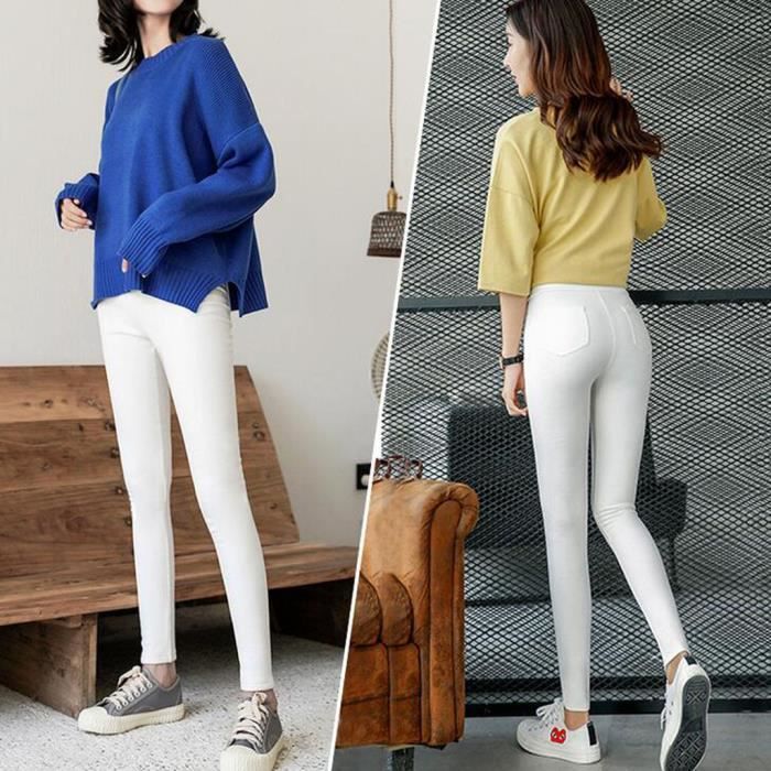 Pantalon Longueur Cheville Femme Taille Haute Elastique Crayon Serre Pantalon Slim Leggings Blanc Blanc Cdiscount Pret A Porter