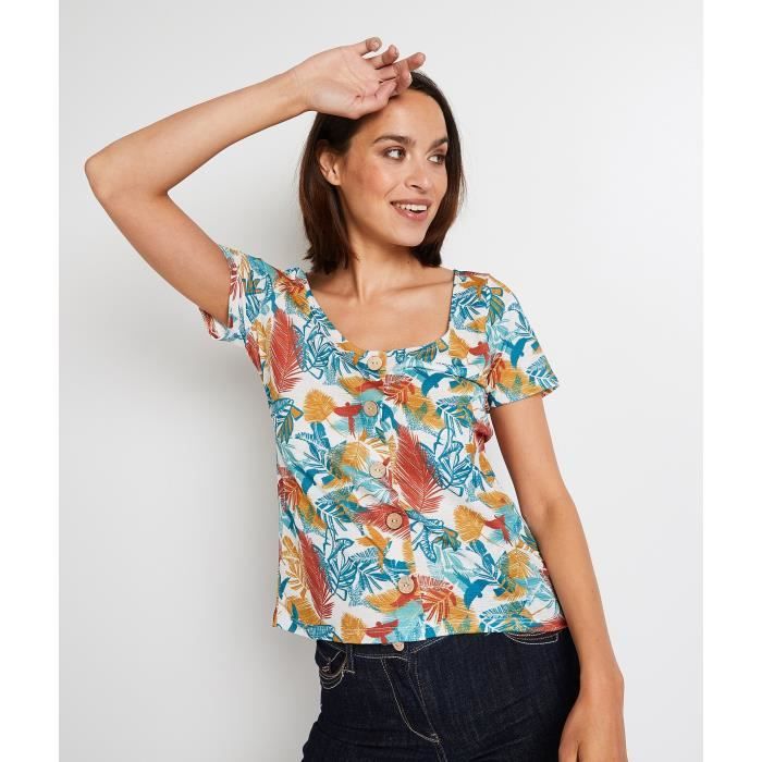 GRAIN DE MALICE T shirt imprime fleuri femme Blanc casse Cdiscount Pret a Porter