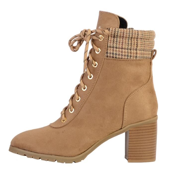 Boots Femme The Divine Factory Fermeture a Lacets Zip Talon Large Confortable Beige Beige Cdiscount Chaussures