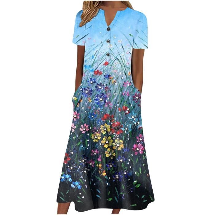 Vintage col en V Floral Art Print élégant et chic robe midi lâche main image 1