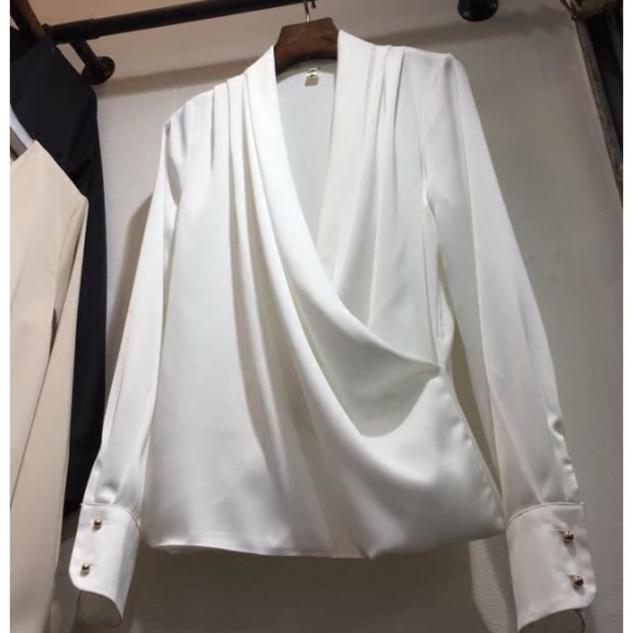 Chemise Jersey Chemisier Femme Chemisier Beige Blanc Satin Élégant 57811
