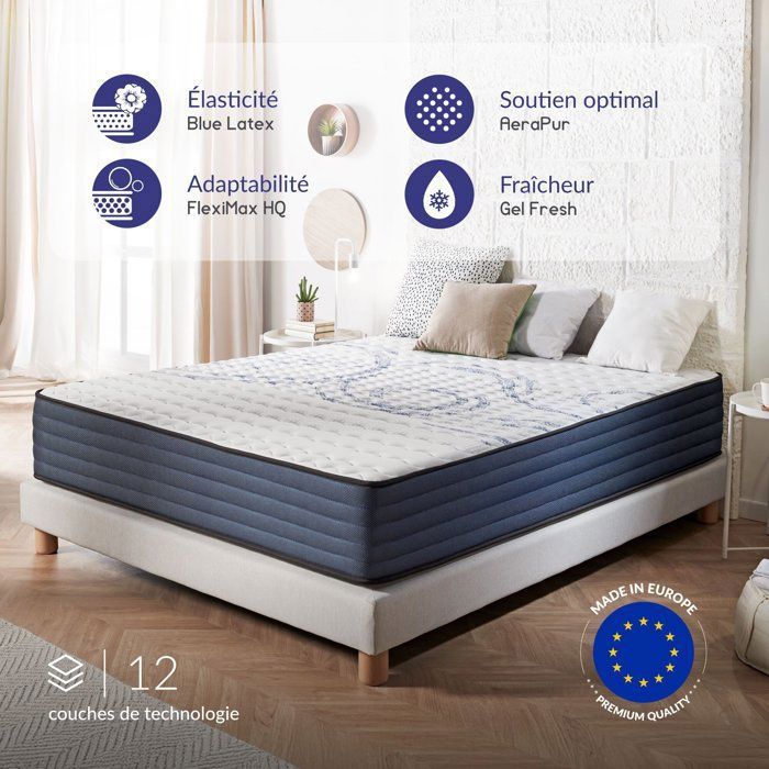 Matelas Dream Komfort 140x190 cm - Technologie Blue Latex et mousse HR à mémoire de forme - Réversible - 7 zones - Épais 30 cm Matelas Dream Komfort 140x190 cm - Technologie Blue Latex et mousse HR à mémoire de forme - Réversible - 7 zones - Épais 30 cm