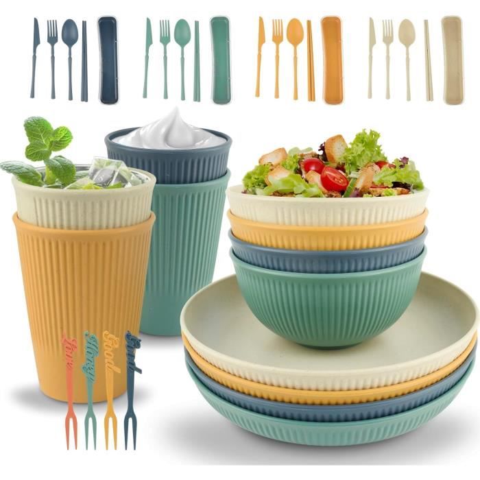 Set Vaisselle Camping 4 Pièces - Assiette, Bol, Tasse, Couverts - Plastique Réutilisable