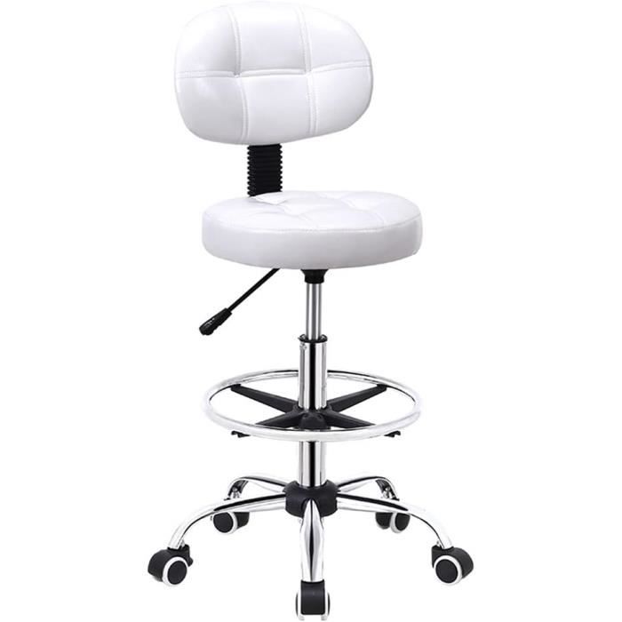 Tabouret Bureau Bonnlo Avec Dossier | Sige Roulant Réglable 48-58cm - PU Blanc