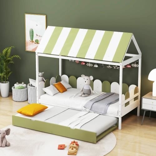 lit enfant weeyin -90 x 190 cm-avec lit gigogne -sommier à lattes-avec toit et dossier-vert