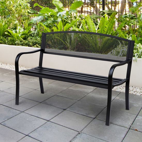 Outsunny Banc De Jardin 2 Places – Banquette Extérieure Acier Noir, Dossier Haut, Design Élégant Géométrique