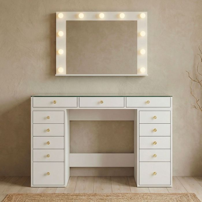 Coiffeuse Avec Miroir LED Réglable Et Prises USB - Table De Maquillage Blanc Avec Plateau Verre - 1 Tiroir, 4 Compartiments - Pour Chambre, Dressing