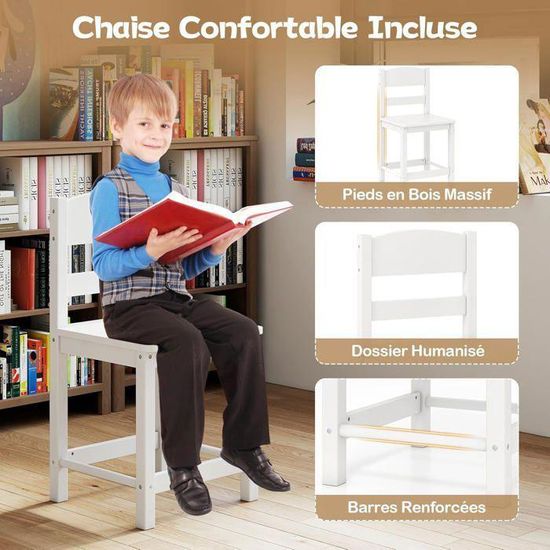 Bureau Enfant En Bois Avec Chaise Et Tiroir – Table D'étude 85x48x70 Cm, Charge 90 Kg – Pour Garçons Et Filles Dès 3 Ans (blanc)