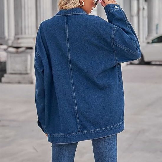 Veste Jean Femme Oversize Boutonnée - Blouson Denim Matelassé Léger, Manches Longues Avec Poches