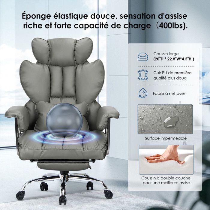 Fauteuil De Bureau BESTFAIR En Cuir Blanc – Repose-pieds Intégré – Dossier Haut Inclinable – Soutien Lombaire – Capacité 227 Kg