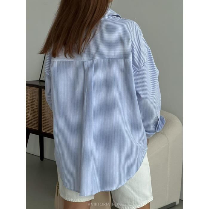 Mawcllos femmes chemises col à revers hauts boutonné chemisier simple  boutonnage bureau à manches longues tunique chemise Bleu clair M 
