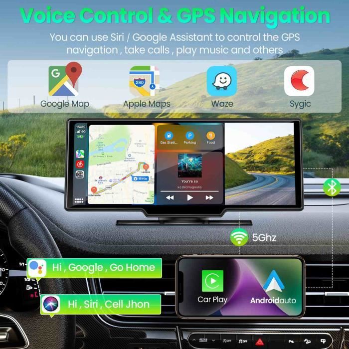 Portable 10.3 Pouces Écrans de Tableau de Bord intégrés, An oid Auto sans  Fil & CarPlay sans Fil, avec Bluetooth-FM-GPS-Mic-Mi[1188] - Cdiscount Auto