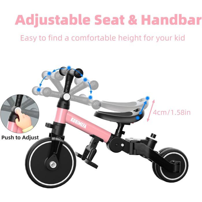 Tricycle KORIMEFA 5-en-1 pour Enfants 1-3 Ans, Poignée de Poussée, Dossier, Rose - Sport Tricycle KORIMEFA 5-en-1 pour Enfants 1-3 Ans, Poignée de Poussée, Dossier, Rose - Sport