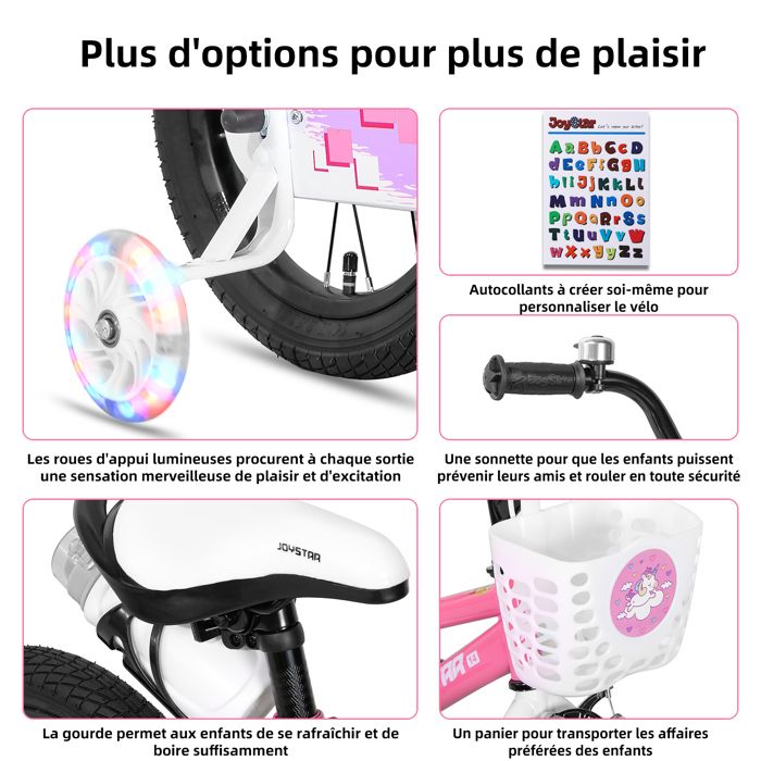 Vélo Enfant 16 Pouces HarBin-Star – Avec Roues Stabilisatrices, Selle Réglable 46-53 Cm – Pour Garçons Et Filles De 105 à 135 Cm – Rose