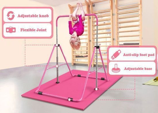 Barre De Gymnastique Enfants Réglable Pliable Avec Anneaux - Barre Horizontale Junior 3 à 12 Ans