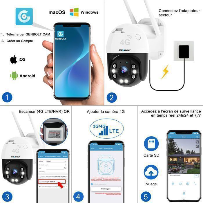 GENBOLT 3G/4G LTE Caméra de Surveillance Extérieure avec Sim, PoE