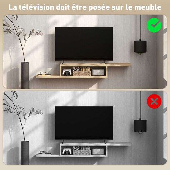 Meuble TV Mural Flottant HOMCOM - Étagère Suspendue Gris Béton, Niche Et Passe-Fils, Design Asymétrique Moderne