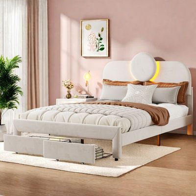 Lit Double 140x200 Avec Sommier Lattes - Tête De Lit Réglable Velours Beige - Tiroir De Rangement - Ports USB/Type-C