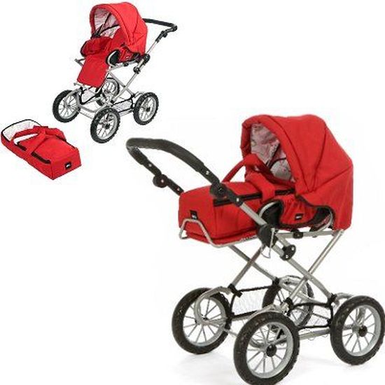 Landau-Poussette en bois rouge avec literie - NIC TOYS