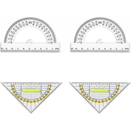 Set Géométrie 4 Pièces - Rapporteur Rond/demi-cercle, équerre, Gabarit Parabole - Transparent, Pour Dessin Technique, école Regle 30 Cm