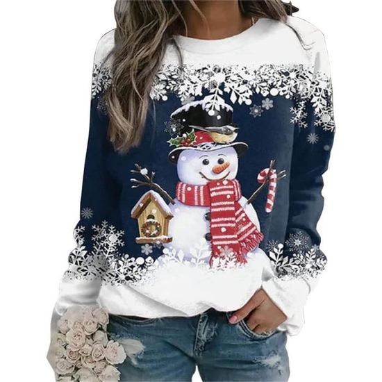 Pull De Noël Moche Femme - Manches Longues, Col Rond - Imprimé Bonhomme De Neige Et Flocons